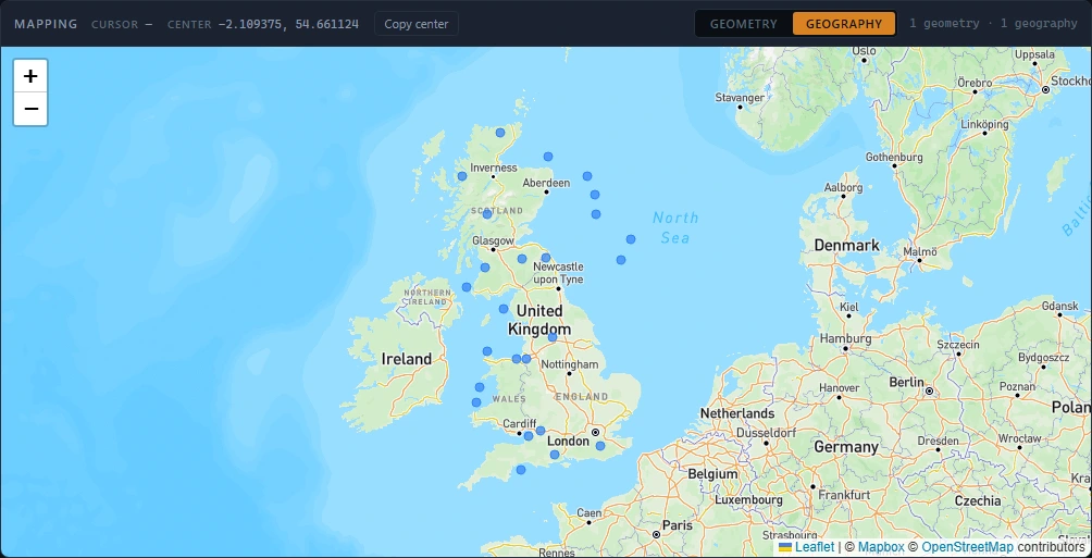 The Geography tab, with points plotted on a map