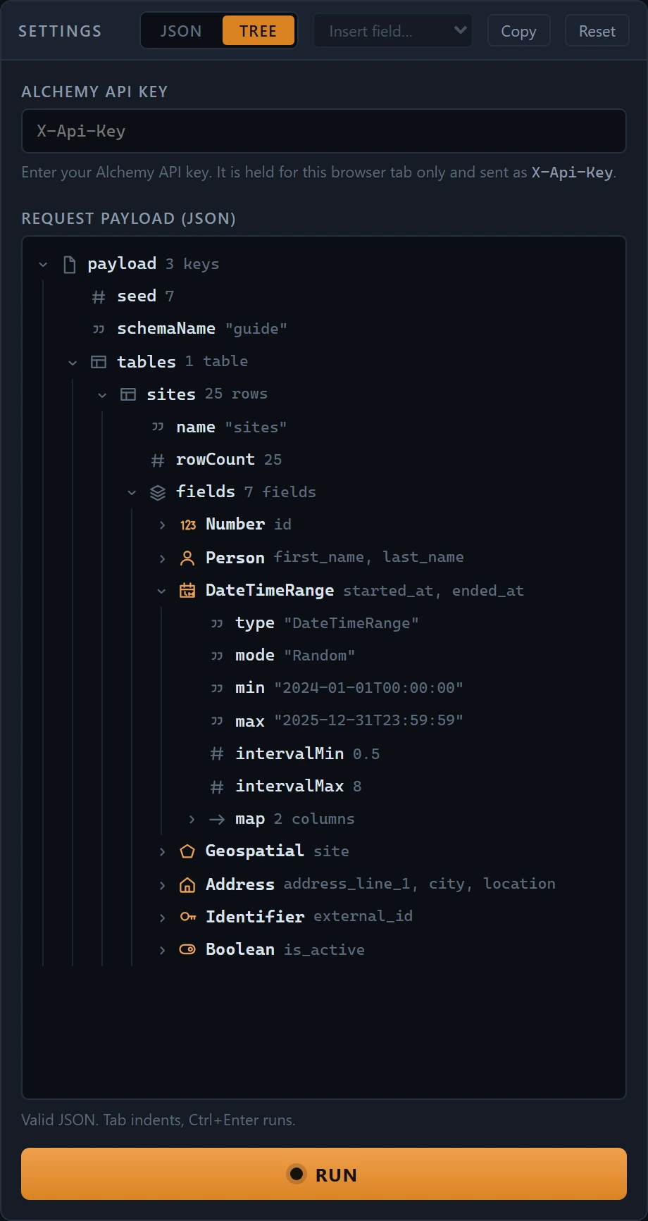 The Settings window in outline view, listing the payload's fields with an icon for each generator