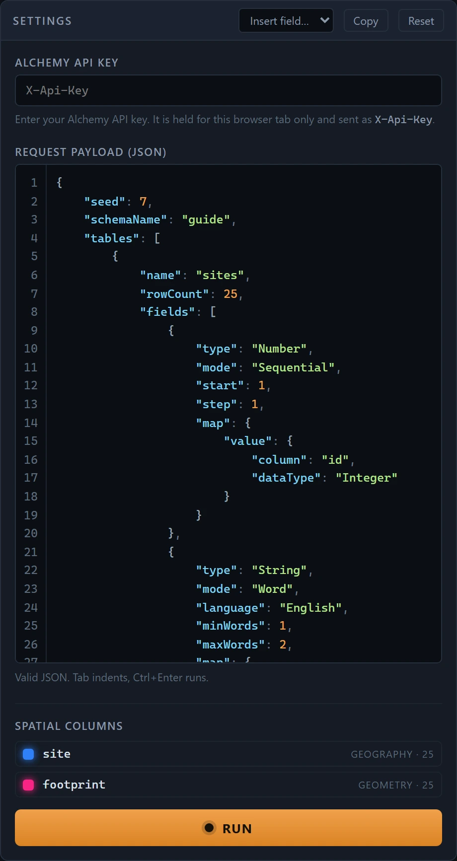 The Settings window, with the API key box above the payload editor